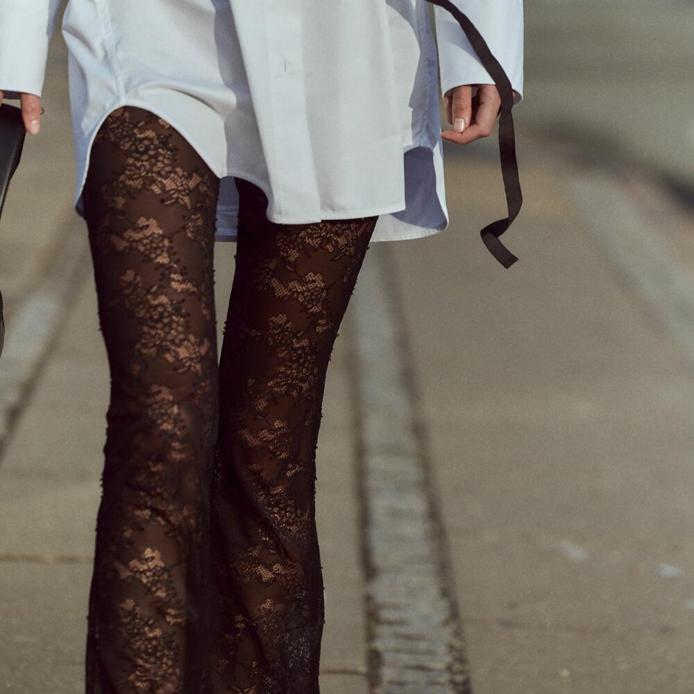 ZARA black lace sheer flares leggings pants tights Small